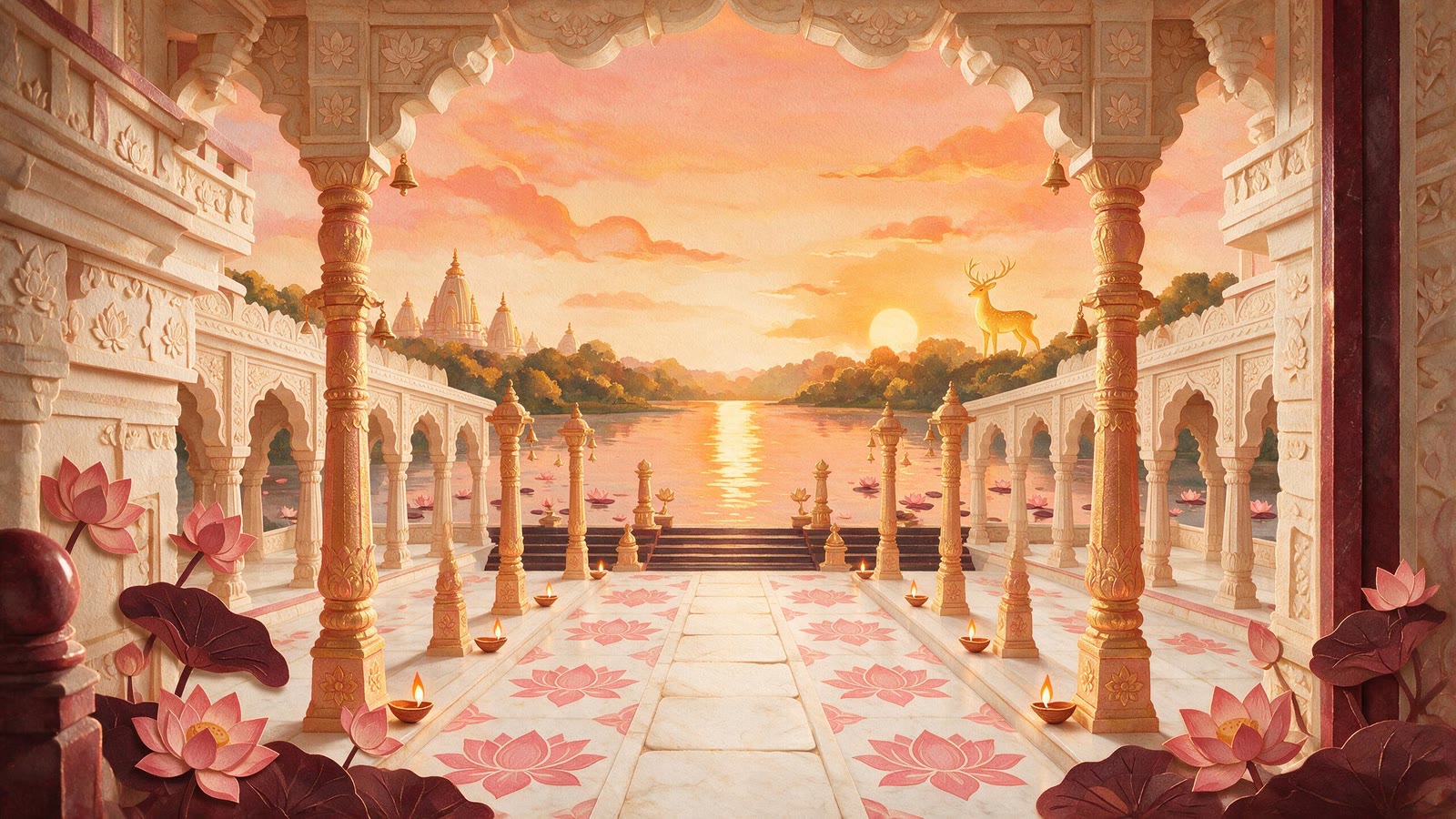 An illustrated Ayodhya riverfront at dusk, diyas set out the length of the ghat
